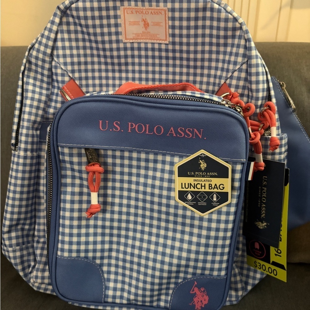 U.S. Polo Assn. Blue and White Checkered Bag with Lunch Bag